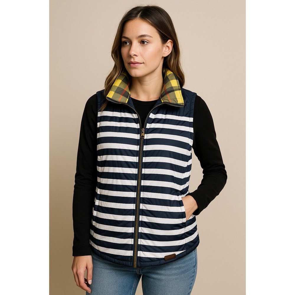 Bass Womens Striped Puffer Vest Plaid Collar Zip Front‎ Navy White Pockets XL